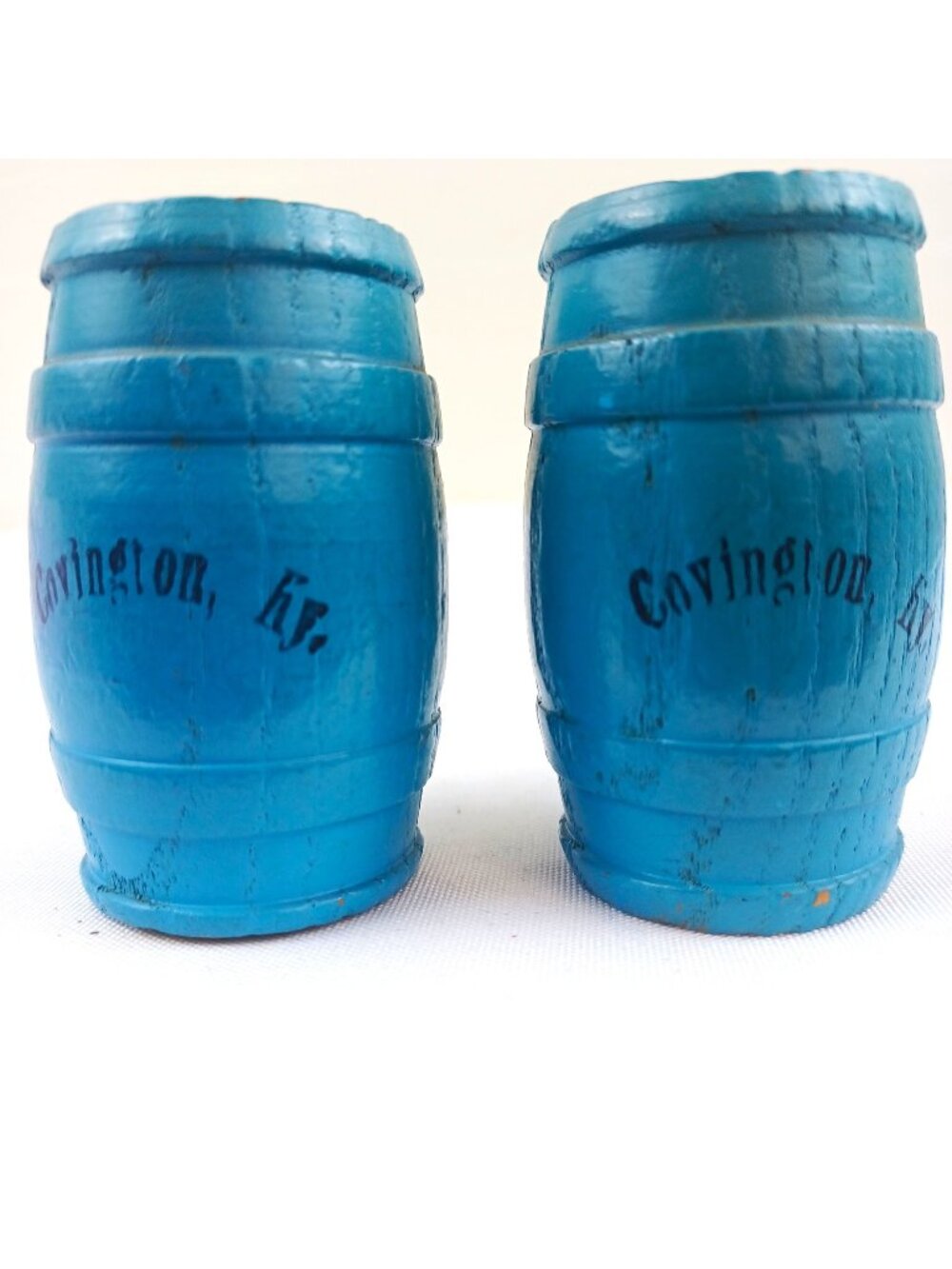 Vintage Covington KY Barrel Salt & Pepper Shakers Blue Painted Wood Rustic